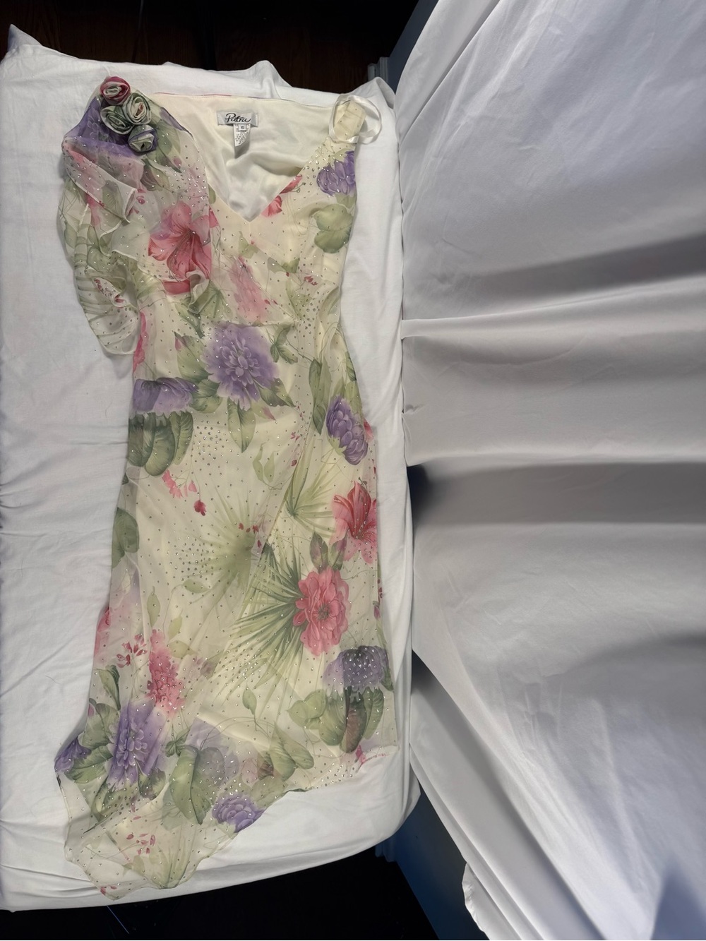 Vintage Patra Floral Sheer Chiffon Midi Dress Asymmetrical Corsage Embellished